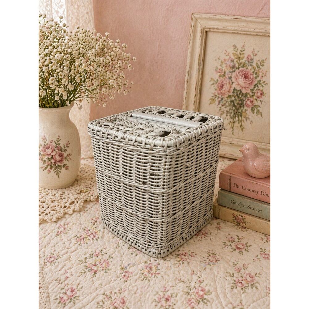 Vintage White Wicker Kleenex Box Cover MCM Shabby Chic Cottagecore